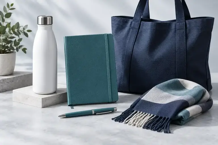 Illustrative collection of branded gift products in teal and navy
