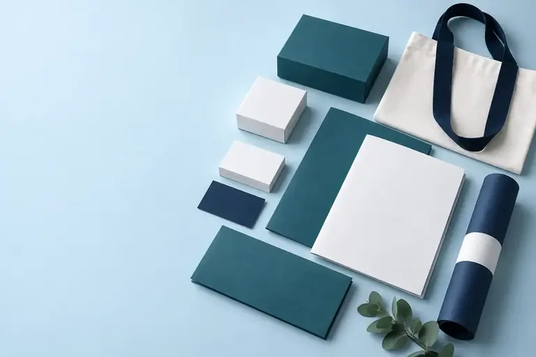 Teal and navy stationery, packaging and tote bag product mockup